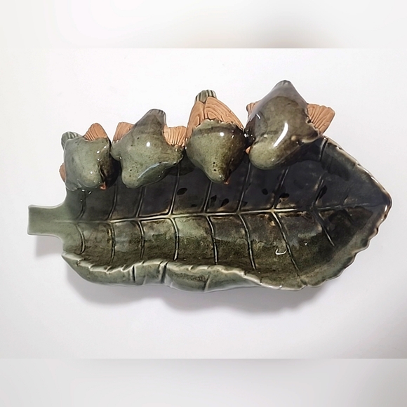 Birds Perched on a Leaf, Art Pottery.Hand Crafted Shallow Leaf 14